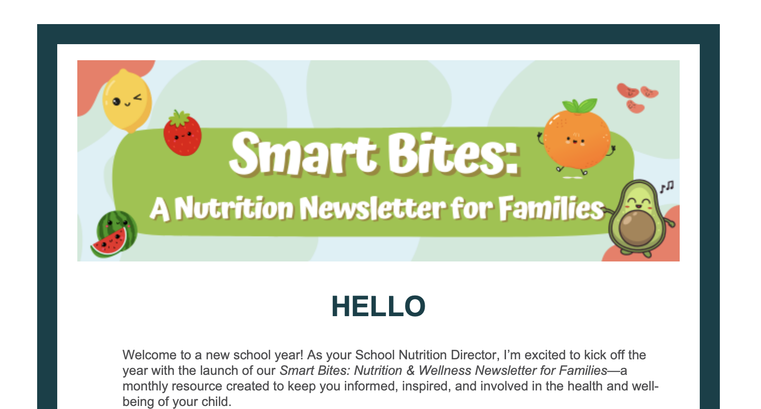school food, nutrition, and wellness newsletter sample
